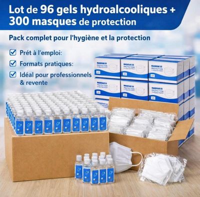 Lot composé de 96 flacons de gel hydroalcoolique + 300 masqu…