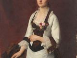 portrait d'une dame en robe blanche, avec un châle marron