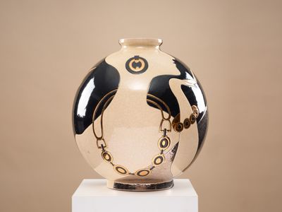 LONGWY "Barbara" Vase boule coloniale en faïence émaillée no…
