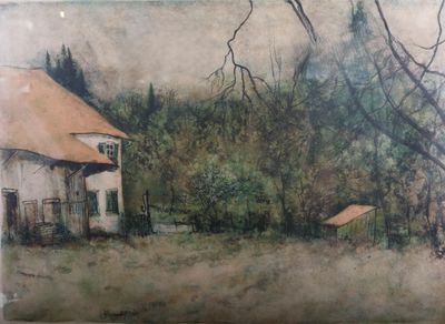 a picture of a painting of a house in a field