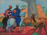 painting of three men riding horses in front of a baobo tree