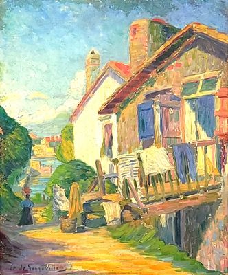 a painting of a house on the side of the road
