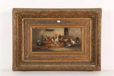 an oil painting of chickens and chickens in a kitchen with a stove