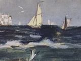 a painting of a sailboat in the ocean with seagulls flying around