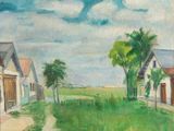 tableau représentant une ferme avec un chemin entre deux bâtiments