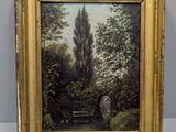un vieux tableau représentant un homme assis sur un banc dans un parc