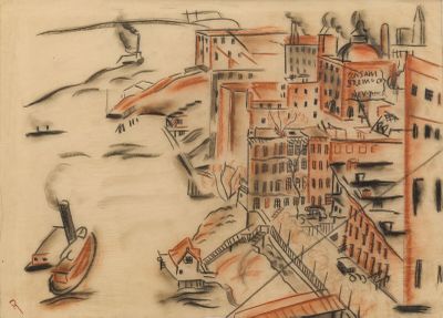 dessin représentant une ville avec un bateau au premier plan