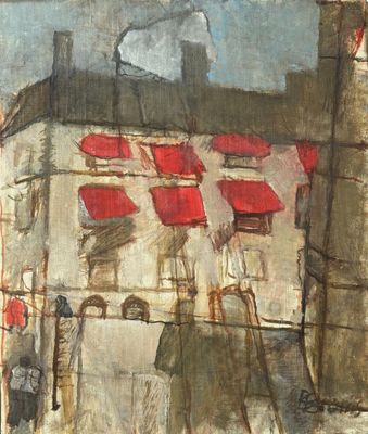 un tableau représentant un bâtiment au toit rouge