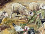 painting of sheep and chickens in a farmyard with chickens and chickens