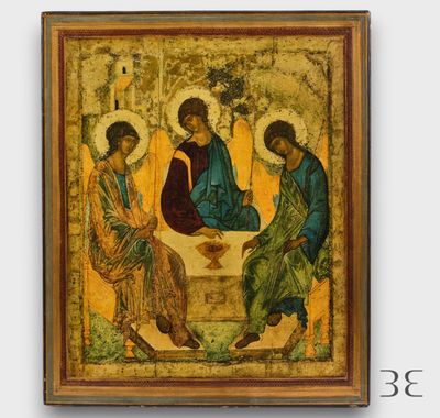 un tableau représentant trois hommes assis sur un banc, dont l'un tient une croix