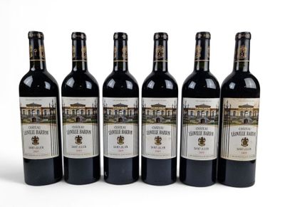 six bottles of wine are lined up in a row on a white surface