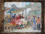 une peinture à l'huile représentant une scène de marché avec une femme vendant des fleurs