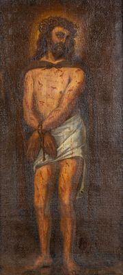 an oil painting of a man with a cross on his chest