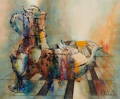 une peinture représentant une théière et une tasse posées sur une table