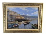 peinture de bateaux dans un port avec des bâtiments en arrière-plan