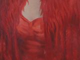 painting of a woman in a red dress with long red hair