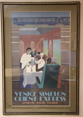 tableau représentant un couple en train de dîner à table, avec un train en arrière-plan