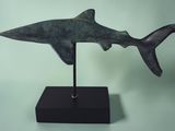 statue d'un requin posée sur un socle noir, sur fond vert