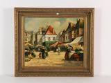 an oil painting of a market scene with people walking around