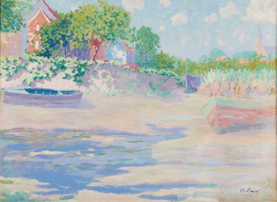 une peinture représentant un bateau sur l'eau près d'une maison