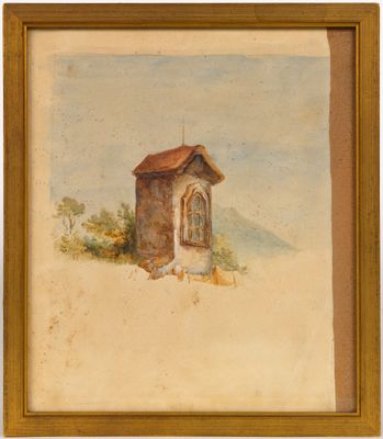 an image of a painting of a small building in the snow