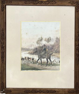tableau représentant un homme à cheval, avec un chien au premier plan