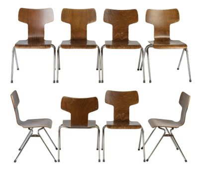 set of six chairs with a wooden seat and metal legs