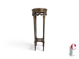 a small round table with a wooden top and a metal base