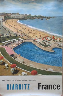 a poster of a beach with a swimming pool in the middle of it