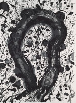 black and white abstract painting of a snake in the middle of paint splatters