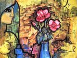 a painting of a woman with flowers in a vase