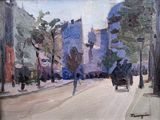 a painting of a man riding a horse drawn carriage down the street