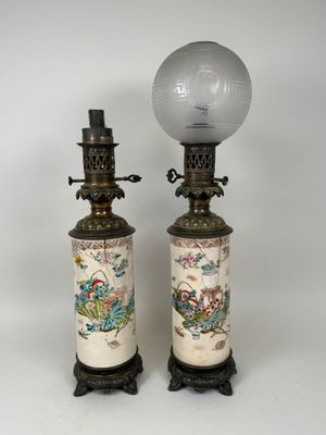 pair of antique chinese porcelain lamps on stands with glass globe shade