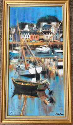une peinture d'une peinture d'un bateau dans un port