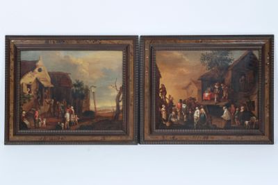 paire de peintures à l'huile du XIXe siècle représentant une scène de village