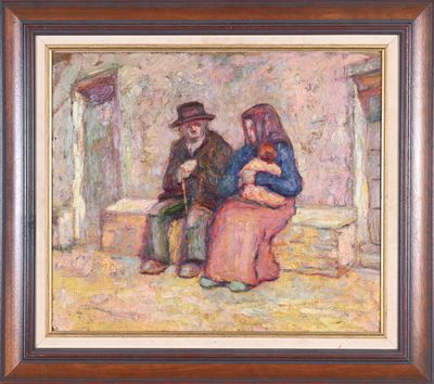 a painting of two people sitting on a bench with a dog