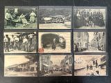 several old black and white photographs of people and cars
