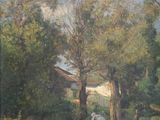 une image représentant un tableau où l'on voit une femme assise sur un sentier dans une zone boisée