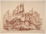 an old drawing of a castle on a hill with trees in the foreground