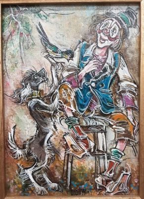 tableau représentant un clown assis sur une chaise, accompagné d'un chat et d'un chien