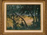 une peinture à l'huile représentant des arbres et de l'herbe, dans un cadre doré