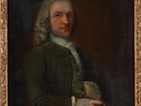 un tableau représentant un homme vêtu d'un manteau vert tenant un bol
