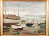 a painting of boats docked on the shore by the water