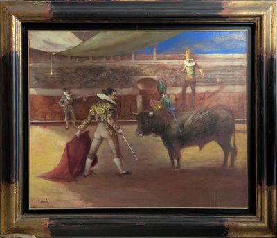 painting of a bullfight scene with a bull and a man in a red cape