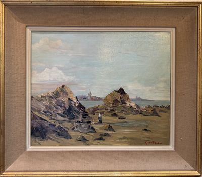 an oil painting of a rocky beach with a lighthouse in the distance