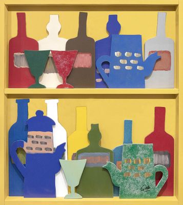 a picture of a picture of a shelf with bottles and vases on it