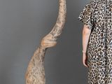 une femme vêtue d'une robe à imprimé léopard, debout à côté d'une sculpture représentant un serpent