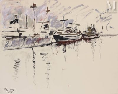 un dessin représentant des bateaux sur l'eau, avec le ciel en arrière-plan