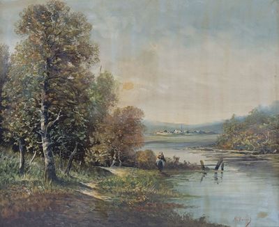 a painting of a man and a dog by the water