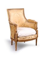 Bergère en bois mouluré, sculpté et doré à décor de frise de…